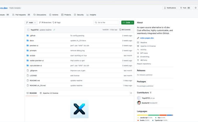 vx.dev-v0.dev开源替代品，可与GitHub无缝集成